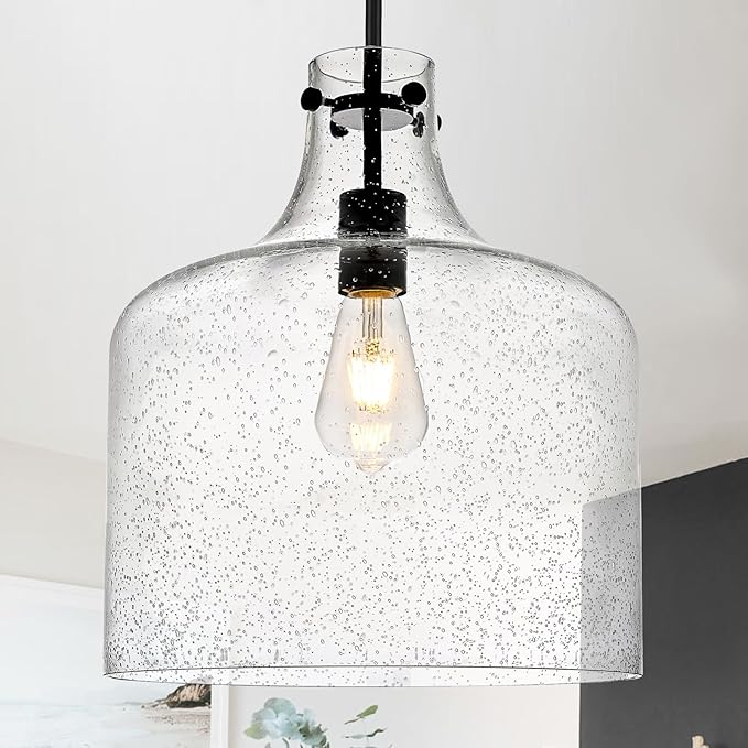 CATINER 12" Black Seeded Glass Pendant Light, Modern Farmhouse Hanging Ceiling Light Fixture for Kitchen Island, Dining Room, Hallway, Hand-Blown Bubble Glass Shade, E26 Dimmable Pendant Lighting