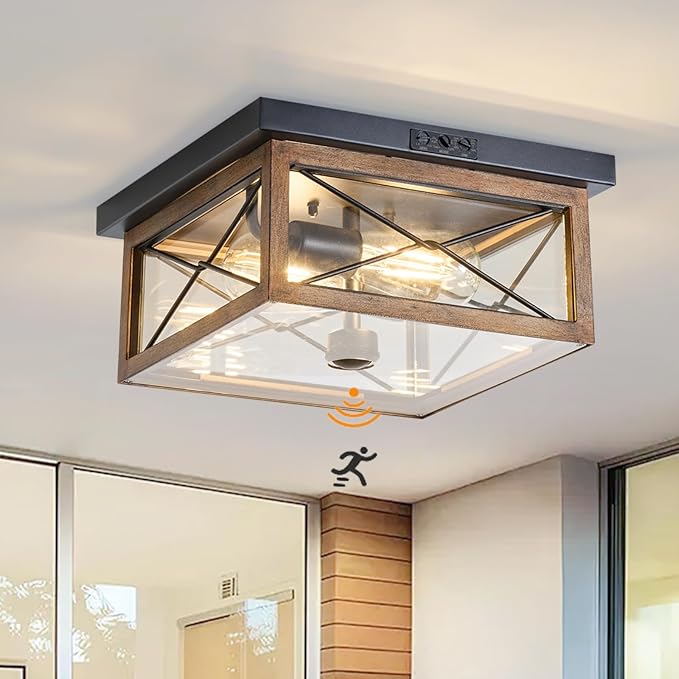 Motion Sensor Outdoor Flush Mount Ceiling Light, Industrial Glass Rustic Wood-Like Finish 2-Light Ceiling Lamp for Porch, Entryway, Garage, Timer and Sensitivity Adjustable (Wood-Like-Square)