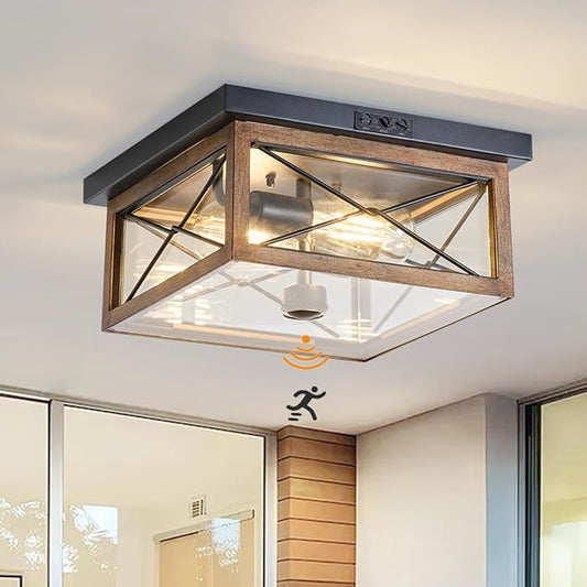 Motion Sensor Outdoor Flush Mount Ceiling Light, Industrial Glass Rustic Wood-Like Finish 2-Light Ceiling Lamp for Porch, Entryway, Garage, Timer and Sensitivity Adjustable (Wood-Like-Square)