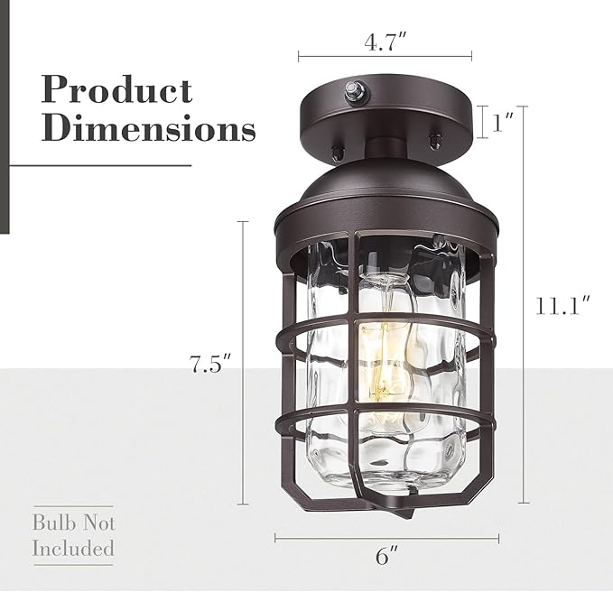 Emliviar 11" Light Fixtures Ceiling Semi Flush Mount with Water Ripple Glass Shade, Set of 2 Dusk to Dawn Oil Rubbed Bronze Metal Frame Ceiling Lights, GE255LF-PC-2 ORB-WG