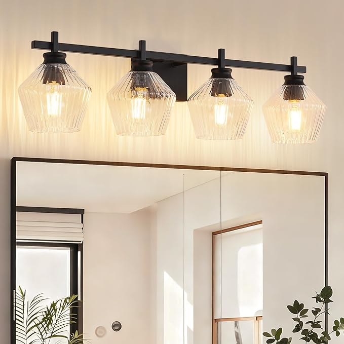 30.35in Modern Bathroom Light Fixtures, 4 Light Vanity Light, Black Wall Lamp with Ribbed Wine Glass Shades, Bathroom Wall Sconce Lamp for Mirror Living Room Bedroom Hallway