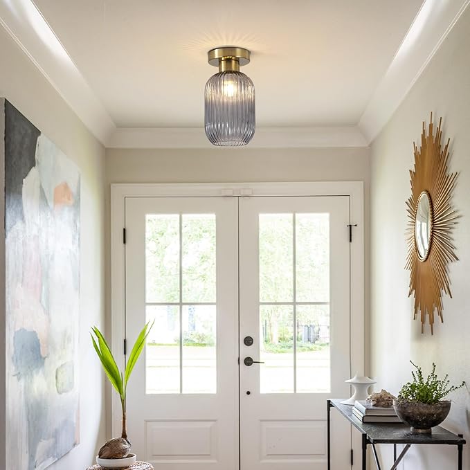 BOKT Vintage Close to Ceiling Light Fixture Gold Semi Flush Mount Ceiling Light Fixture with Smoke Grey Stripe Glass Modern Indoor Hanging Light for Kitchen Living Room Hallway