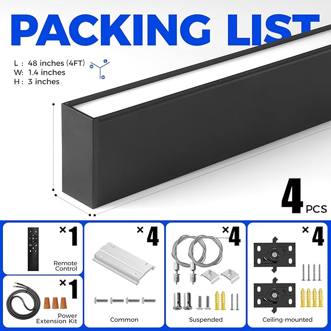 Barrina 3575 Remote Series LED Linear Light Fixture with Remote, 2nd-Generation, 4FT 40W Seamless Connection, 3000K-6000K Color Changing, Dimmable Pendant Light for Home Office, Black, 4 Pack