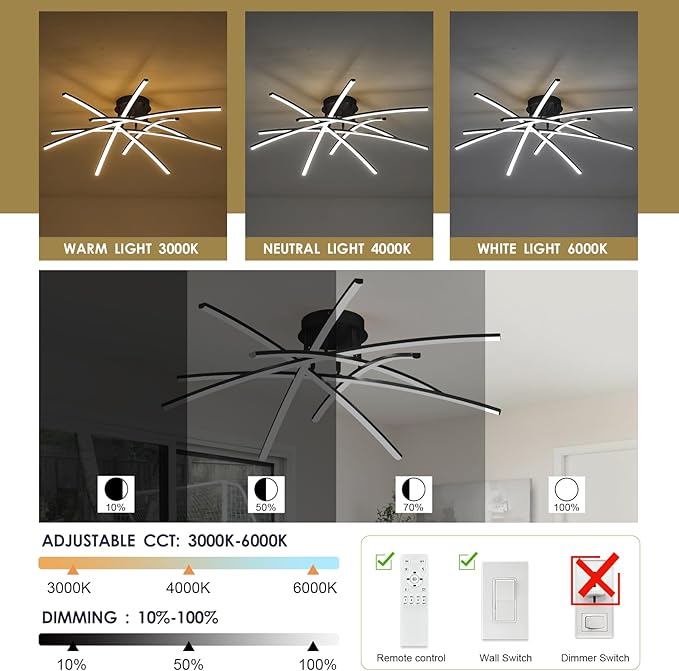 Modern 32.8" LED Chandelier Ceiling Light 6-Lights Black Dimmable Semi Flush Mount Ceiling Light Fixtures with Remote for Living Room Bedroom Kitchen 65 W 3000K-6000K