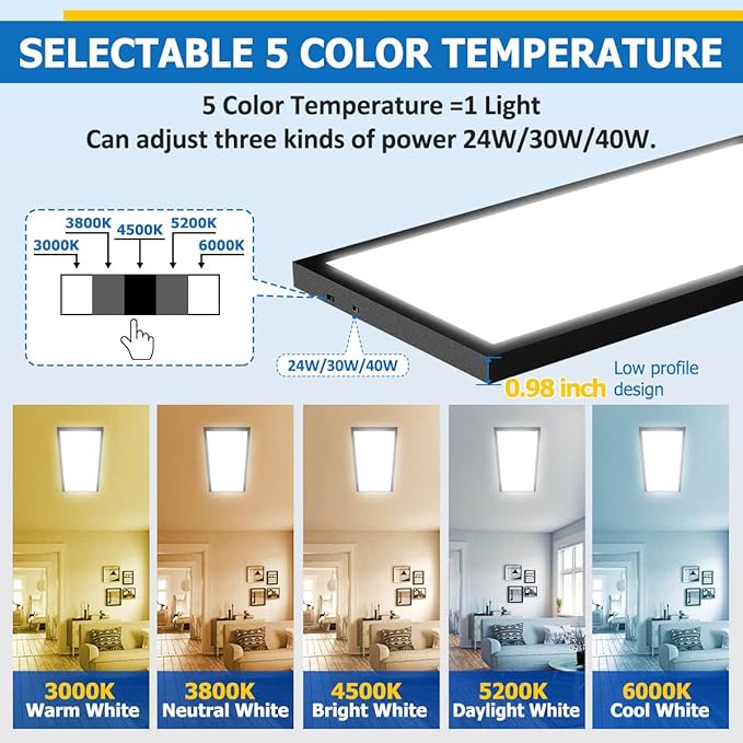 Allsmartlife 1x4FT LED Flat Panel Light Surface Mount, 4980lm 24W/30W/40W, Dimmable 3000K-6000K, Edge-Lit Flush Mount for Office Kitchen, Built-in Driver Drop Ceiling Lights Black 2-Pack