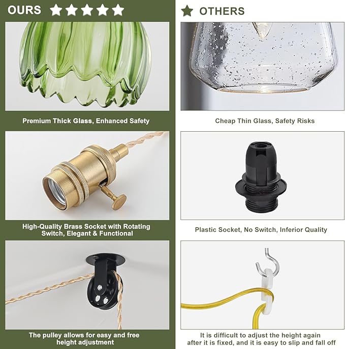 2 Pack Plug in Pendant Light Fixtures, Hanging Light Fixture Vintage Glass Pendant Light, Mini Green Tulip Hanging Lamp, Pendant Lighting for Kitchen Island, Bedroom, Dining Room, Living Room