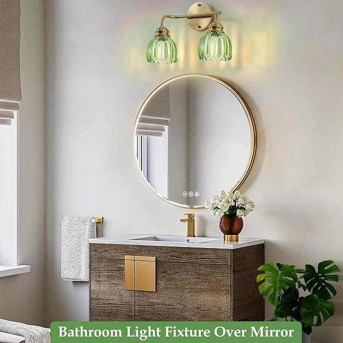 2 Light Vintage Bathroom Light Fixtures, Gold Bathroom Vanity Light, Brass Finish with Green Tulip Glass Shade, Wall Lighting for Bedroom, Living Room, Hallway,E26 Base