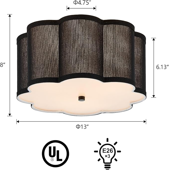 13” Semi Flush Mount Ceiling Light Floral Fabric Modern Close to Ceiling Lighting Fixtures for Bedroom Nursery Room Kitchen Hallway, UL Listed