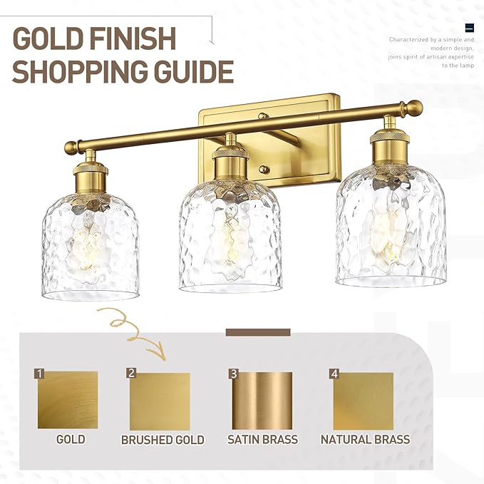zeyu 21 Inch Bathroom Wall Sconce, 3 Light Sconces Wall Lighting Over Mirror, Brushed Gold Finish with Clear Hammered Glass, ZJF63B-3W BG