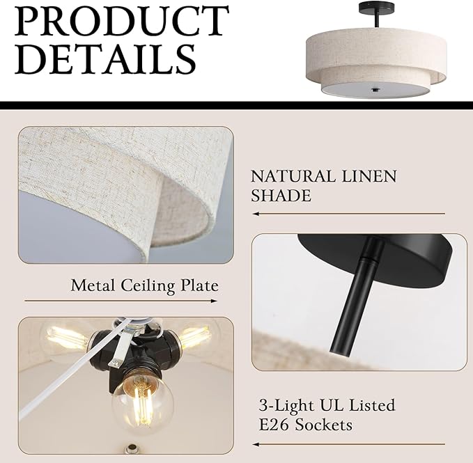 16.5 inch Semi Flush Mount Ceiling Light with Natural Linen Shade, 3-Light UL Listed Fixture with E26 Socket (No Bulb Included) for Bedroom, Kitchen, Living Room