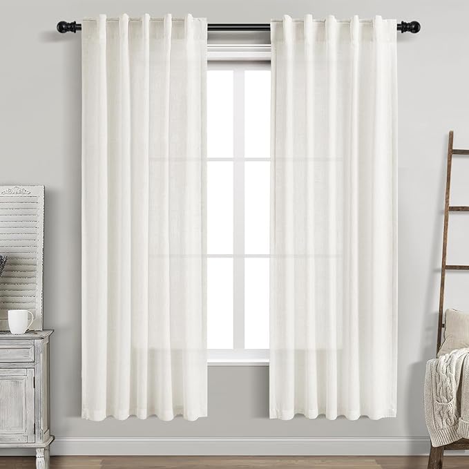 Nanspring Beige White Linen Curtains 72 Inches Long for Living Room Coastal Decor Semi Sheer Curtains Back Tab and Rod Pocket Rustic Linen Textured Curtain Drapes for Bedroom 40 x 72 Inch 2 Panels