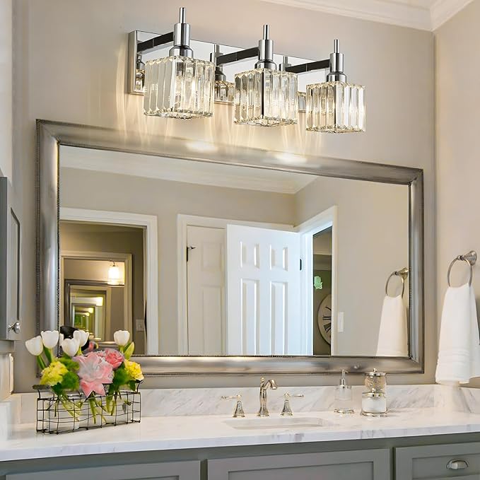 Modern Crystal Bathroom Vanity Light 3-Light Wall Light Fixtures Over Mirror Chrome Vanity Lighting for Bathroom Square Shade Wall Sconce