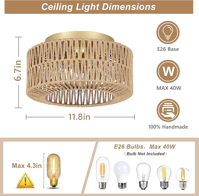 Boho Light Fixtures, 3-Light Farmhouse Rattan Ceiling Light, Flush Mount with Hand-Woven Shade, Modern Chandelier for Living, Bedroom, Entryway, Kitchen, Nursery
