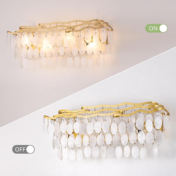Wellmet Brushed Gold Bathroom Light Fixtures, 4-Light Capiz Shell Vanity Light, Modern Wall Sconces for Mirror, Cabinets, Bedroom, Hallway,Living Room, 27.2" W