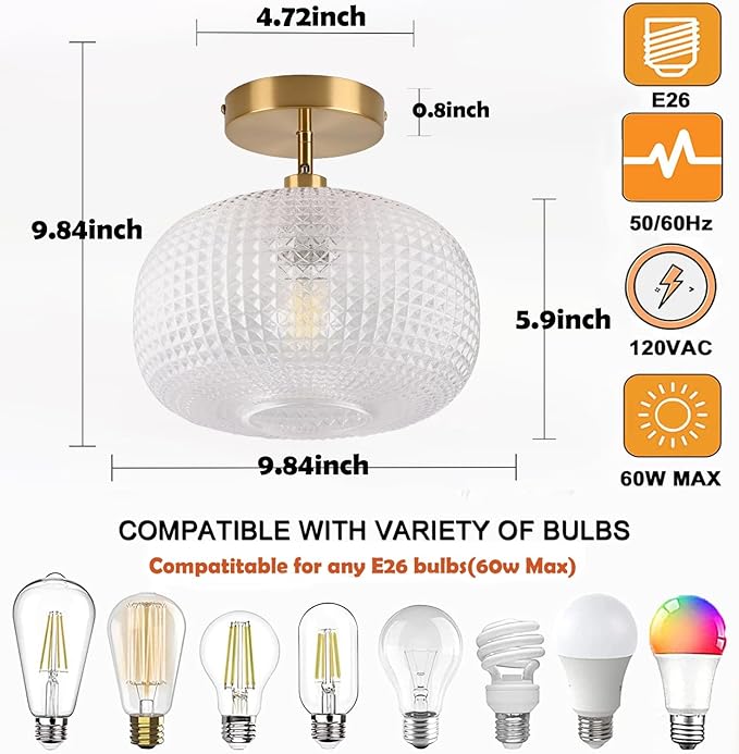 Gold Semi Flush Mount Ceiling Light Fixture,Hallway Light Fixtures,Vintage Ceiling Light Fixture,Globe Glass Ceiling Fixture,Hanging Ceiling Lamp,Farmhouse Lighting for Bathroom Entryway Bedroom