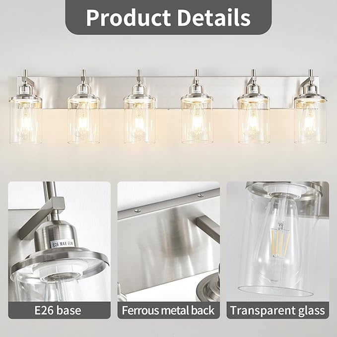 Lanhall 6-Light Brushed Nickel Bathroom Light Fixture Over Mirror Modern Bathroom Vanity Light Vintage Wall Lighting with Clear Glass Shade for Bathroom, Bedroom, Hallway, Cabinet