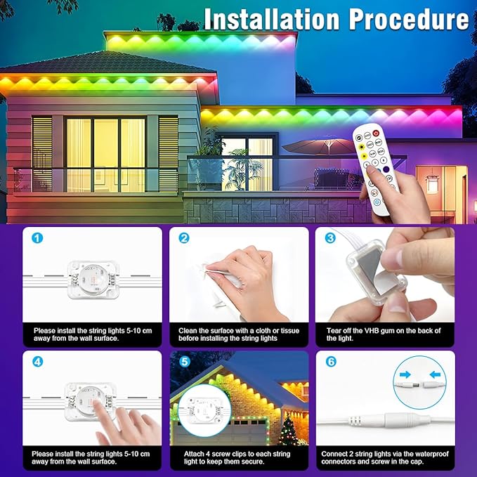 Permanent Outdoor Lights, 200ft Outdoor String Light Smart RGB with 72 Scene Modes, IP67 Waterproof Holiday Lights for Outside, APP and Remote Control Party Holidays