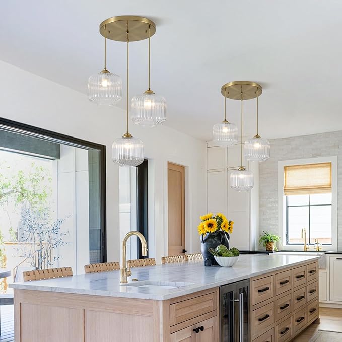 3 Light Hanging Pendant Light Fixture Brushed Gold Modern Pendant Cluster Lights Kitchen Island Industrial Adjustable Hanging Dining Room Lighting Clear Glass Cluster Chandeliers MPL30-3C
