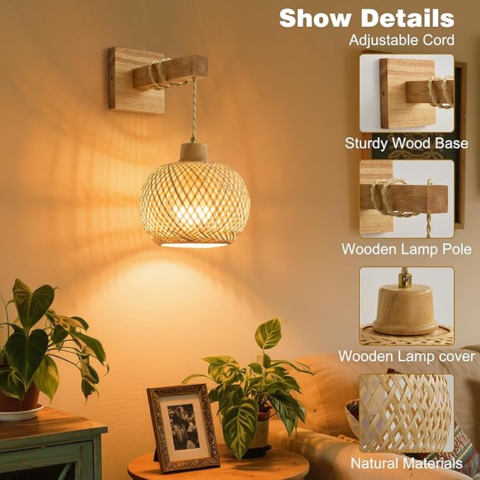 Vitnucrol Bamboo Battery Operated Wall Sconces Set of 2, Rechargeable Rattan Cordless Battery Powered Wall Lights/Lamps with Remote, Woven Boho Wireless Decor Lighting Fixture for Living Room Bedroom