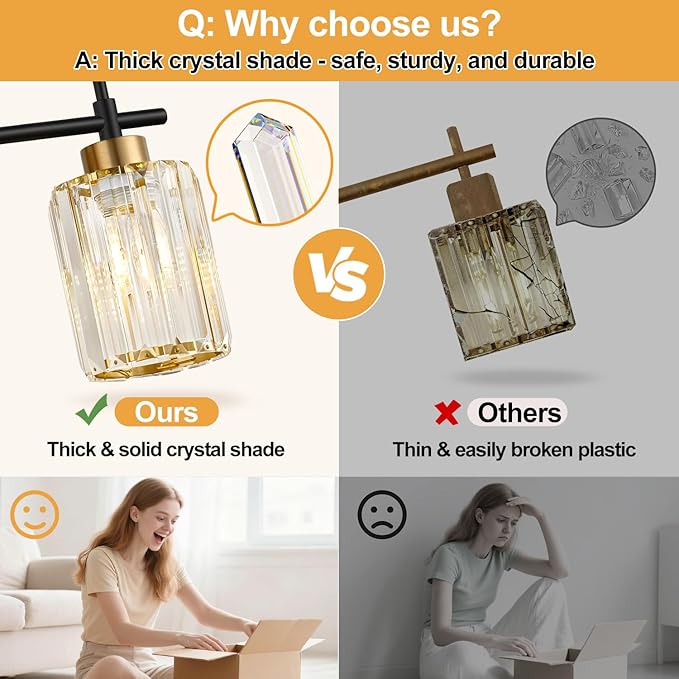 Modern Crystal Bathroom Vanity Light, 4-Light Black and Gold Bathroom Light Fixtures, Clear K9 Crystal Shades, Adjustable Up/Down Mount, E26 Base Wall Sconce (Bulbs Not Included)