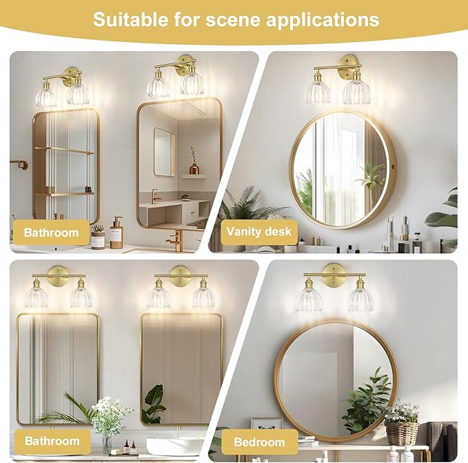 Vintage Bathroom Light Fixtures,2-Light Hardwired Vanity Lights with Clear Tulip Glass Shade,Gold Bathroom Vanity Light for Mirror Restroom,E26 Socket,14.57 in(Bulbs Not Included)