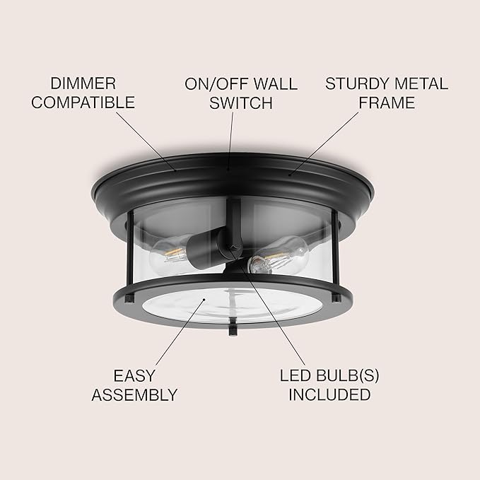 JONATHAN Y 13.25" Black 2-Light LED Flush Mount Ceiling Light Fixture, Modern Clear Glass Drum Shade, Industrial Farmhouse Lighting for Kitchen Hallway Bedroom (JYL7446D)