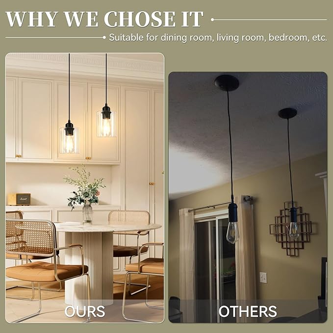 CANMEIJIA Modern Black Farmhouse Pendant Light with Glass Shade, Industrial Pendant Lighting, Island Lights for Kitchen, Modern Hanging Light Fixtures for Kitchen Island Decor (Black 2 Pack)