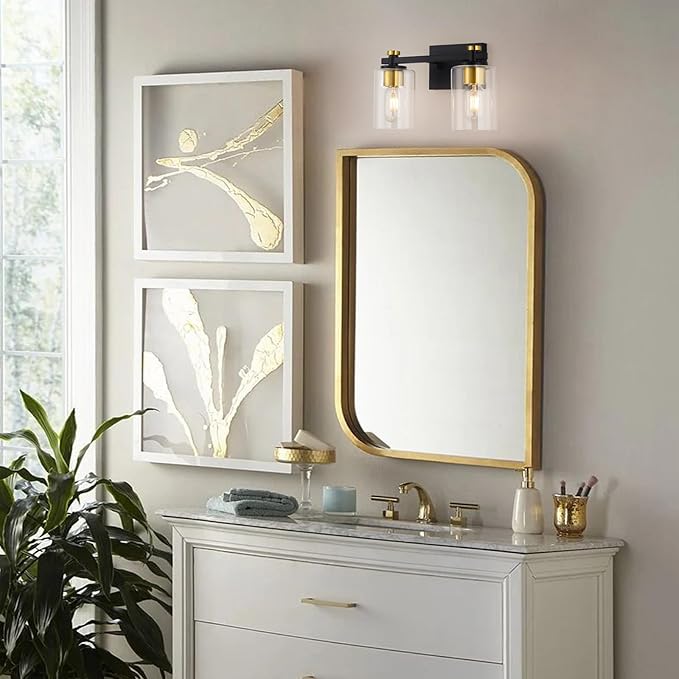 2 Light Bathroom Vanity Light, Black and Gold Bathroom Vanity Light, Bathroom Lighting Fixtures Over Mirror with Clear Glass Shade, Bathroom Light for Bathroom (E26 Base)