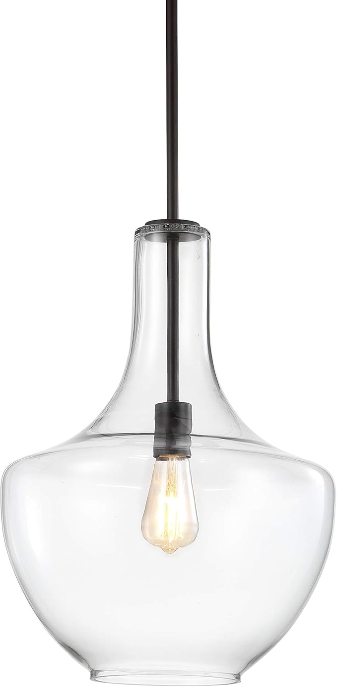 JONATHAN Y 13.25" Oil Rubbed Bronze/Clear Mid-Century Modern 1-Light LED Pendant Light Fixture, Adjustable Schoolhouse Hanging Lamp for Kitchen Island, Clear Glass Shade, LED Bulb Included (JYL6401B)