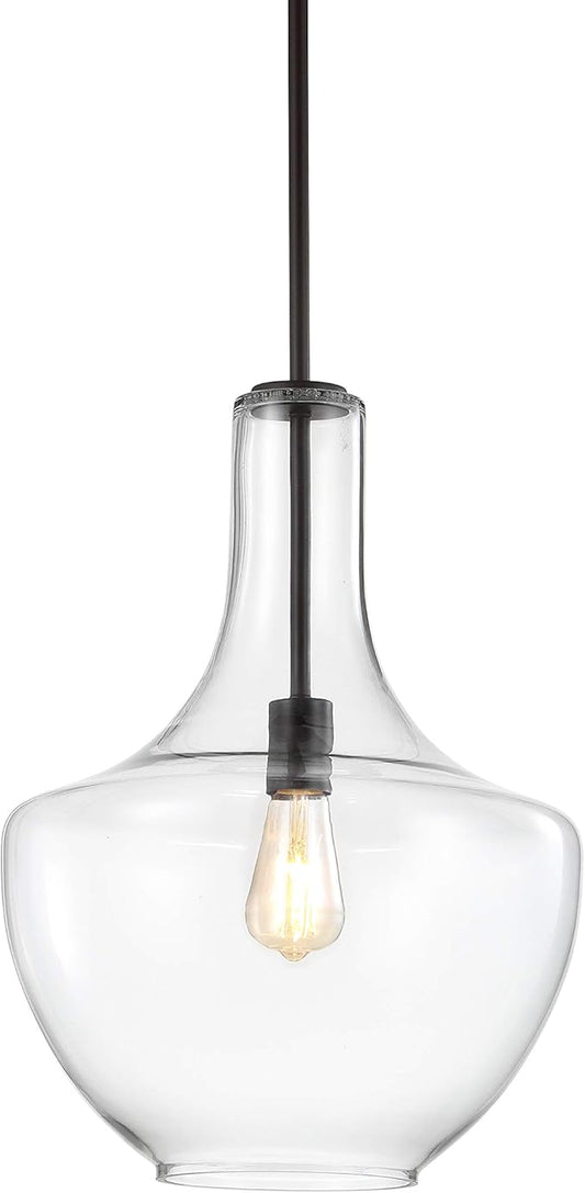 JONATHAN Y 13.25" Oil Rubbed Bronze/Clear Mid-Century Modern 1-Light LED Pendant Light Fixture, Adjustable Schoolhouse Hanging Lamp for Kitchen Island, Clear Glass Shade, LED Bulb Included (JYL6401B)