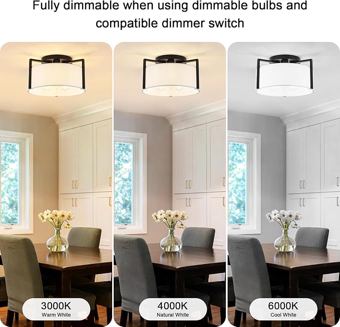 15" Semi Flush Mount Ceiling Light, 3-Light Modern Kitchen Hallway Light Fixtures with Drum White Shade, Metal Close to Ceiling Lights for Entryway Living Room Bedroom Dining Room Foyer, Black