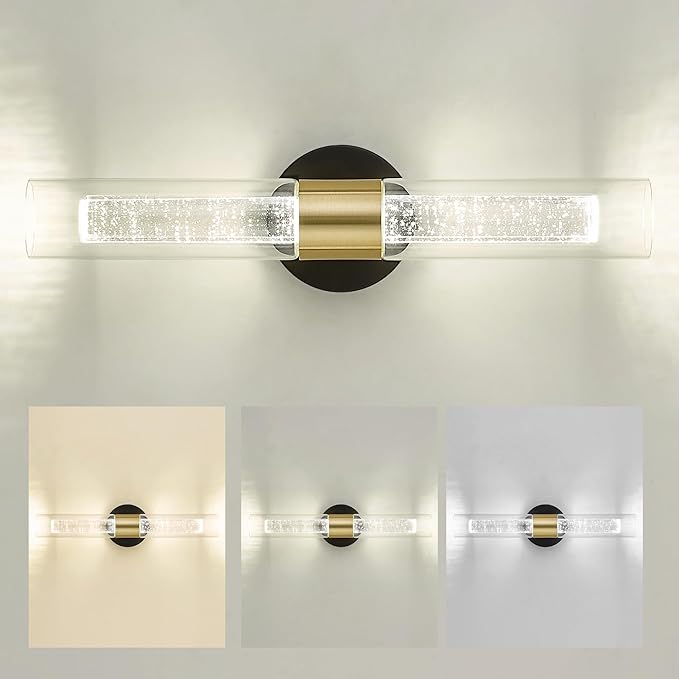kudos Black and Gold Bathroom Light Fixtures,Modern Led Wall Sconce Light with Crystal Bubble and Clear Glass, 3000K/4500K/6000K Adjustable, KDVL05-BG-2