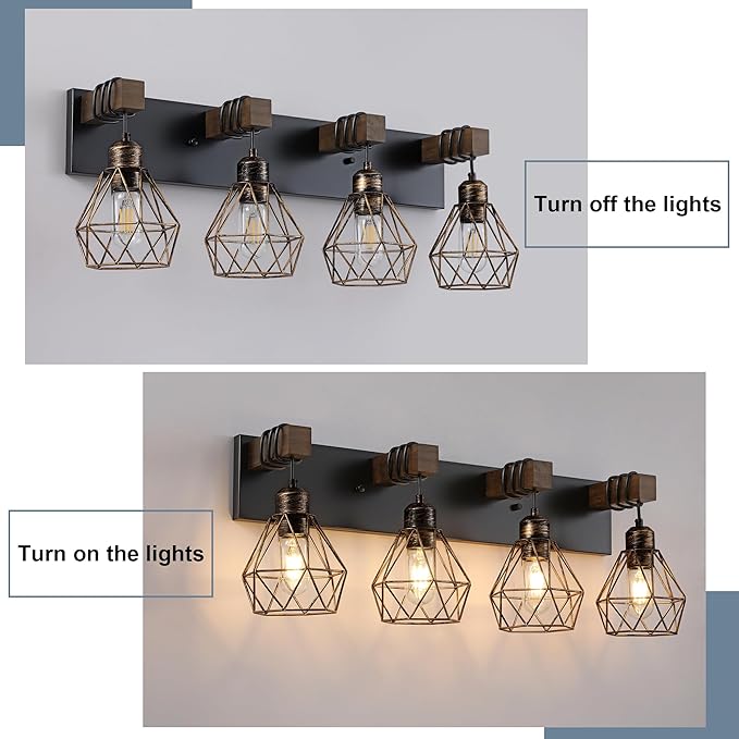 Black Gold Farmhouse Bathroom Light Fixtures, 4-Light Bathroom Lighting Fixtures Over Mirror, Rustic Wood Vanity Lights Wall Sconces with Metal Lampshade for Living Room