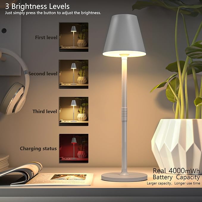 Timjorman 4-Pack Cordless Table Lamps - 5000mAh Rechargeable Battery Operated Desk Lamp, 3-Level Dimmable LED Night Light for Bedroom, Dining, Restaurant - Metal Design(White 4PACK)