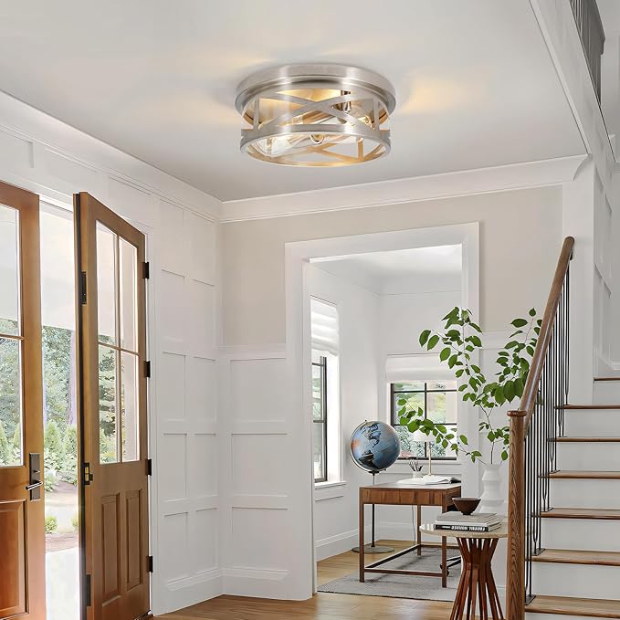 2-Light Flush Mount Ceiling Light Fixture, Farmhouse Ceiling Lights for Kitchen, Modern Black Close to Ceiling Light for Hallway Bedroom Balcony Porch Stairway, E26 (Silver, 1 Pack)