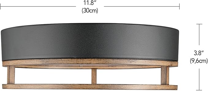 GLOBE Electric 44663 1-Light Integrated LED Outdoor/Indoor Flush Mount Ceiling Light, Matte Black and Faux Wood Finish, Frosted Diffuser, Weather Resistant, Modern Rustic Design