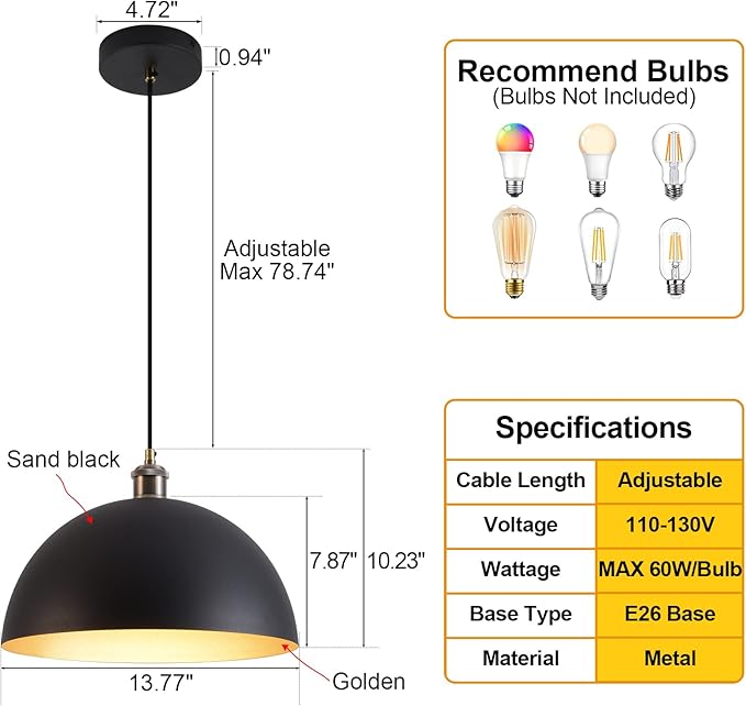 Vintage black and gold Pendant Light 13.7'' Retro Farmhouse Dome Pendant Lamp Modern Industrial Chandelier for Wire length 78.74'' Kitchen Island, Bedroom, Dining Room, Living Room, Hallway