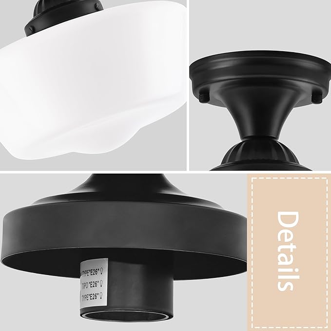 Bagood 12" Milk Glass Lights Fixture Schoolhouse Light Fixture Mid Century Light School House Lights Fixtures Ceiling Semi Flush Mount Ceiling for Bathroom Bedroom (Bulb Incl.)