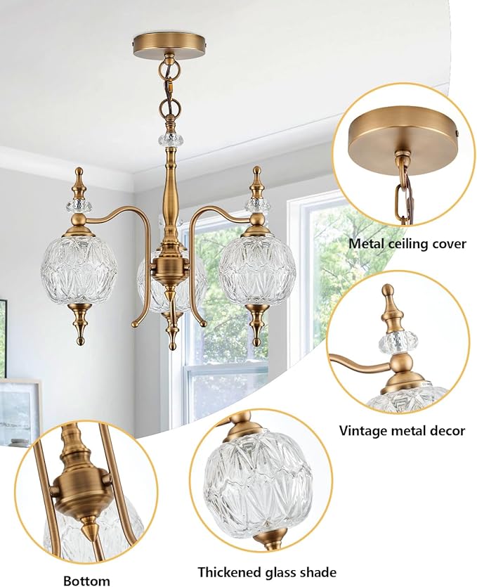 Vintage Pendant Light Fixtures, 3-Light Chandeliers for Kitchen Antique Gold Glass Pendant Lighting Matte Brushed Brass Finish with Crystal Glass Shade for Farmhouse Hotel Kitchen Island
