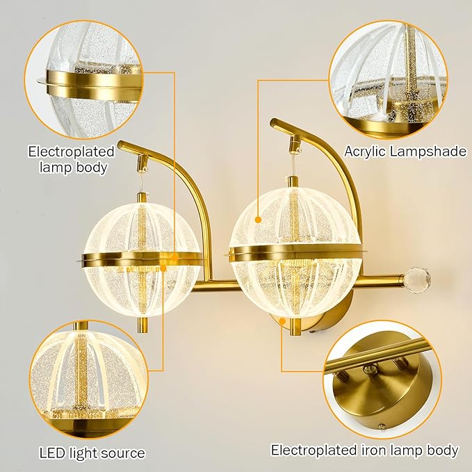UOFUS 24W Gold Bathroom Light Fixtures Modern LED Vanity Light with Globe Acrylic LampShade 2 Lights Mid Century Wall Sconces Indoor Vanity Lights Over Mirror for Bedroom Hallway Entryway