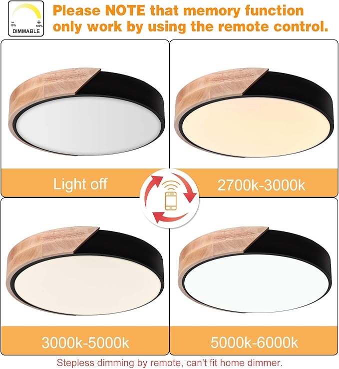 EDISLIVE Ceiling Light Dimmable 11 inch Modern Minimalist LED Round Shaped Wood & Metal & Acrylic Flush Mount Ceiling Light with Remote Control Black