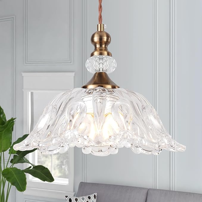 Vintage Small Glass Pendant Light Fixtures for Kitchen Island 10.6" Farmhouse Brass Gold Adjustable Hanging Ceiling Light for Bedroom Coffee Shop Dining Room Sink Table