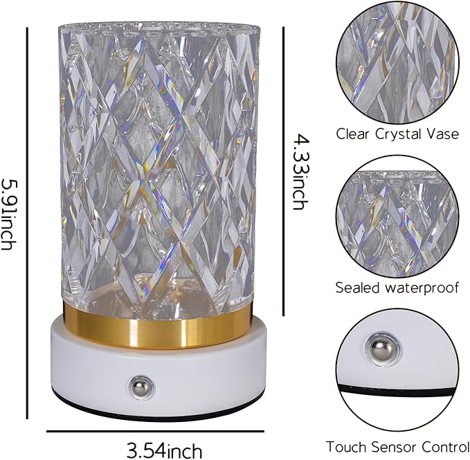 Crystal Table Lamp, Portable LED Bedside Lamp Touch Control, 3 Color Modes Dimmable, USB Rechargeable Night Light, Water Cup Design for Bedroom Living Room Home Decor