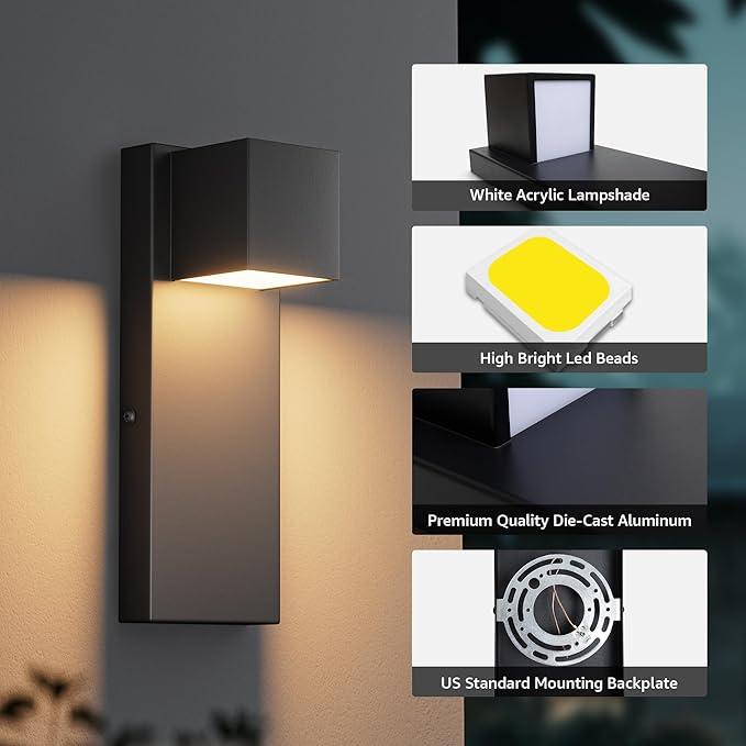 4 Pack 13" Modern Outdoor Led Wall Light,16W 3000K 1200Lumen Porch & Patio Hardwired Wall Mount Wall Sconces,Exterior IP65 Waterproof Aluminum Wall Lamp for Front Door Garage Garden(Black)