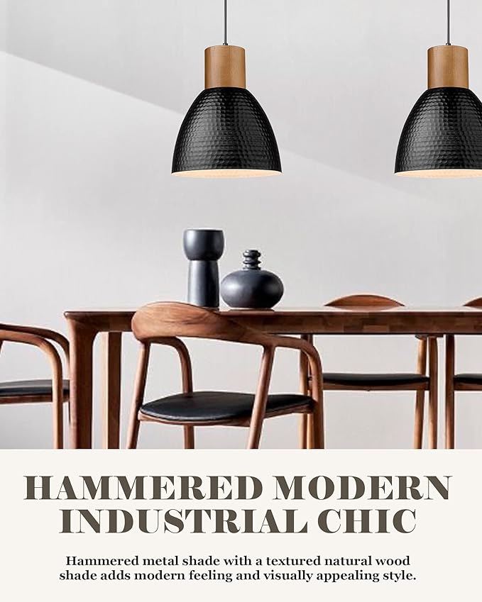 ELYONA Hammered Pendant Light, 10.2” Industrial Hanging Lamp with Solid Wood & Metal Shade, Modern Pendant Light Fixtures for Kitchen Island, Bar, Farmhouse Dining Room, Bedroom, Living Room, Black