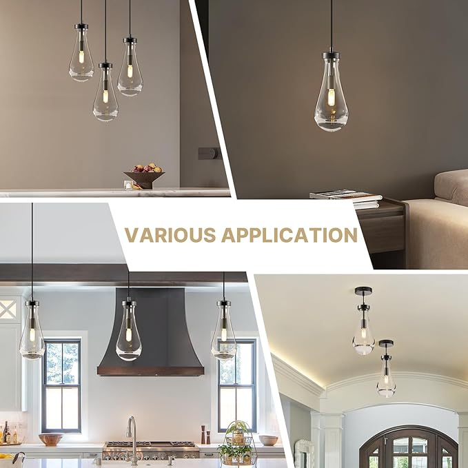 Raindrop Pendant Lights Kitchen Island: Modern 2 Black Teardrop Hanging Light for Bathroom - Crystal Pendants Light over Dining Table - Brass Raindrops lamps Fixture for Bedroom Hallway Bulbs Included