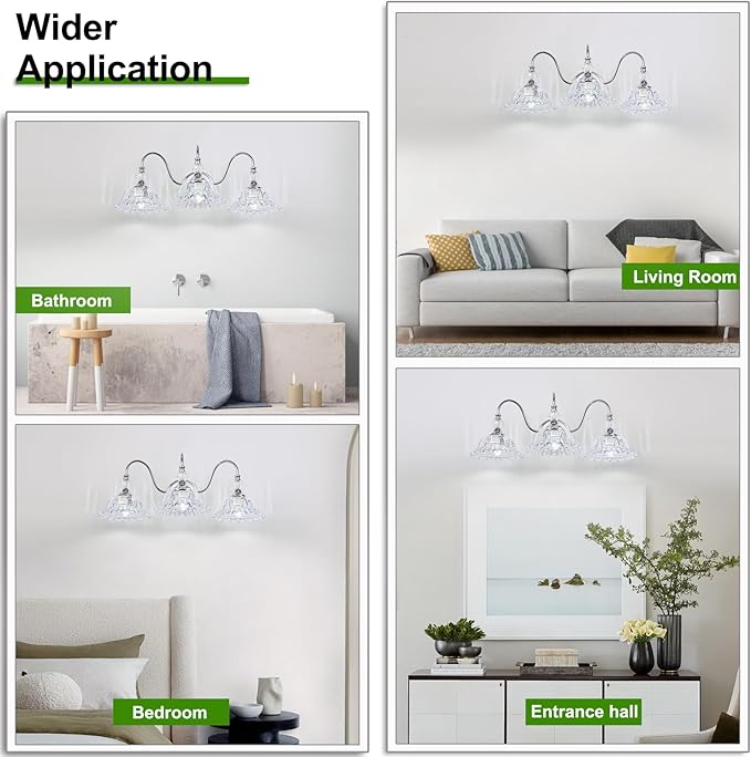 Chrome Bathroom Vanity Light Fixtures 3 Lights Vanity Lights for Bathroom with Floral Crystal Glass Shade Modern Wall Sconce Light for Mirror(Exclude E26 Bulb)