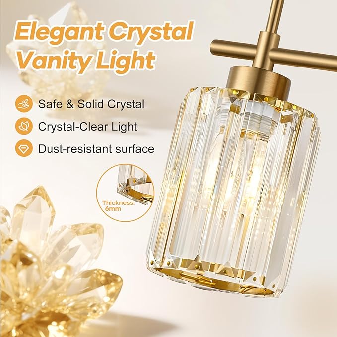 Modern Crystal Bathroom Vanity Light, 3-Light Brushed Gold Bathroom Light Fixtures with Clear Shades, Vanity Lighting Fixtures Over Mirror (Exclude Bulb)