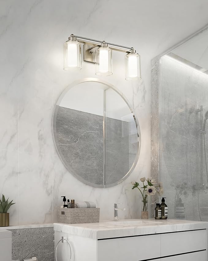 Modern Bathroom Light Fixtures, HWH Brushed Nickel Vanity Lights for Bathroom, Wall Light Fixtures Clear Glass, LED Vanity Lights 5CCT Dimmable 18W, 5HLT63B-3W-LED BN