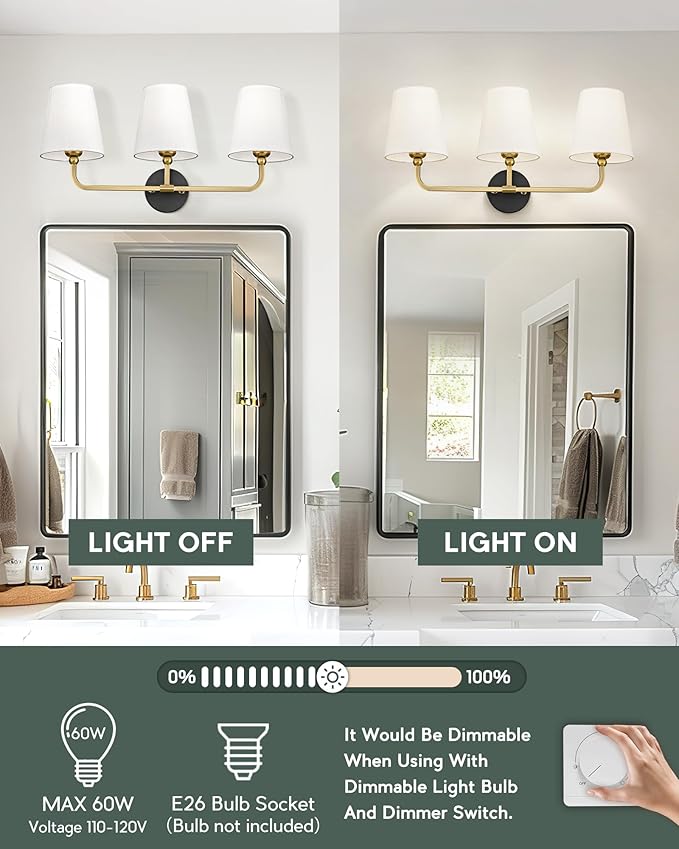 Bathroom Light Fixtures, Black and Gold Vanity Lights with Flared White Fabric Shade, 3-Light Wall Sconce, Modern Sconces Wall Lighting for Hallway Bedroom, VL837-KG-3